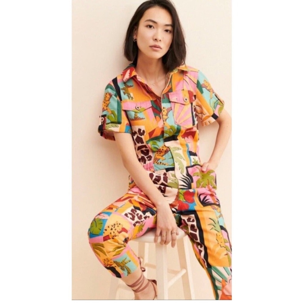 Anthropologie Farm Rio TROPICAL COLLAGE CANVAS JUMPSUIT CoverallsXS